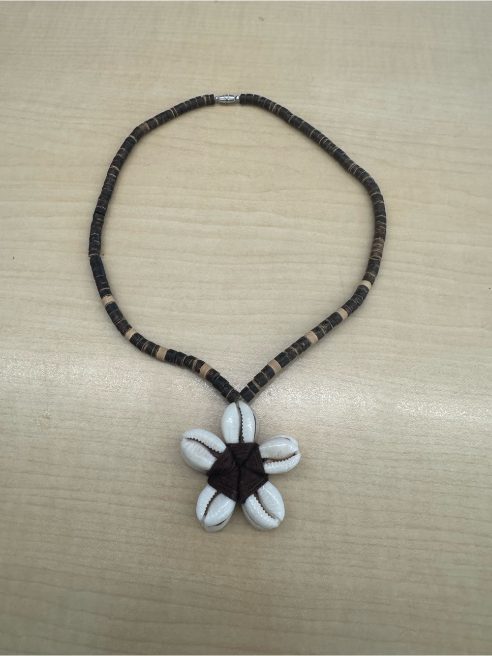 Handmade Shell Flower Pendant Necklace in Brown Wood Beads Tropical Jewelry